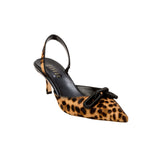 Catena Leopard Mid-Heel Slingback Pump with pointed toe and black leather strap, featuring chic leopard print calf-hair.