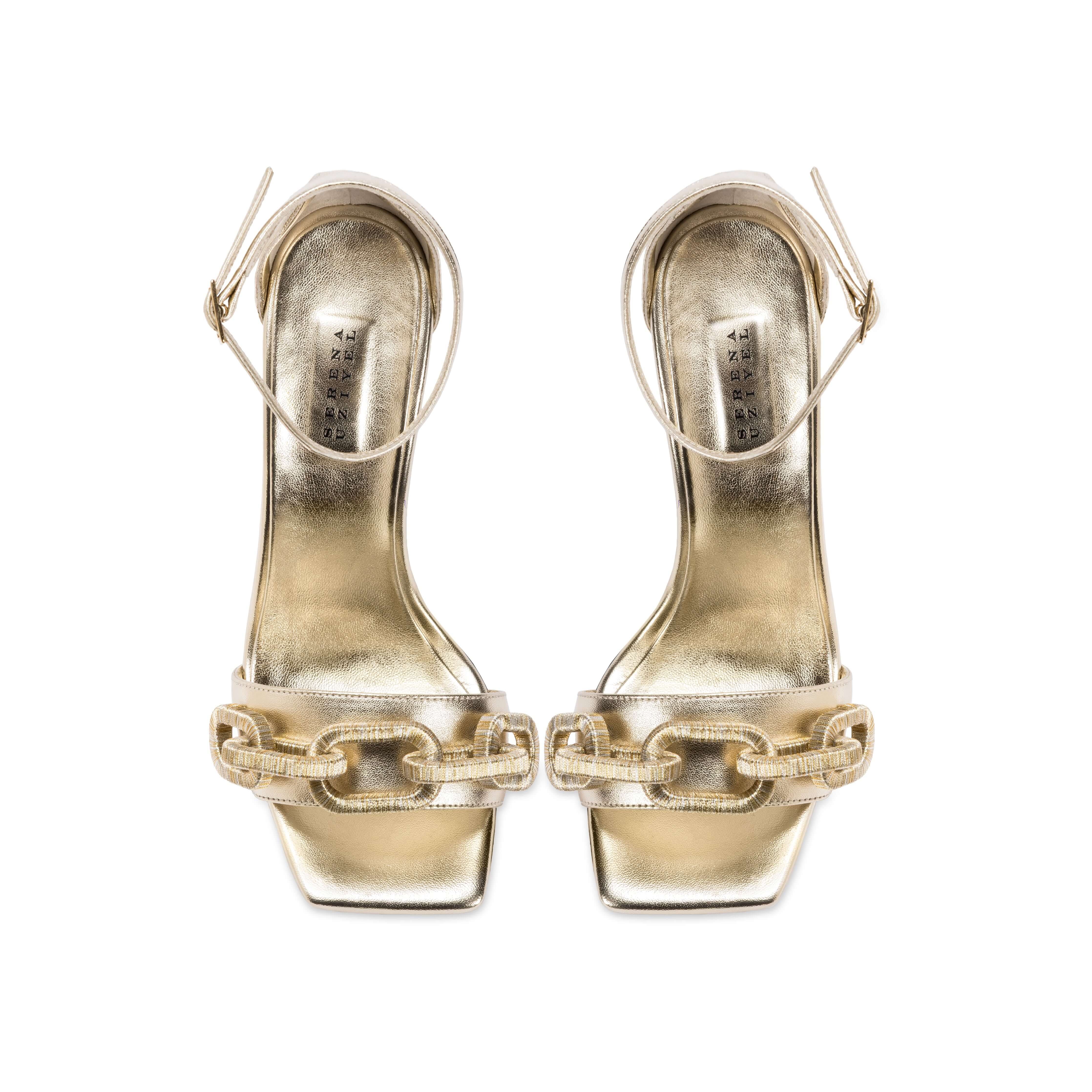 Catena Mekong Ankle Sandal in gold leather with chain link embellishments and 90mm stiletto heel.