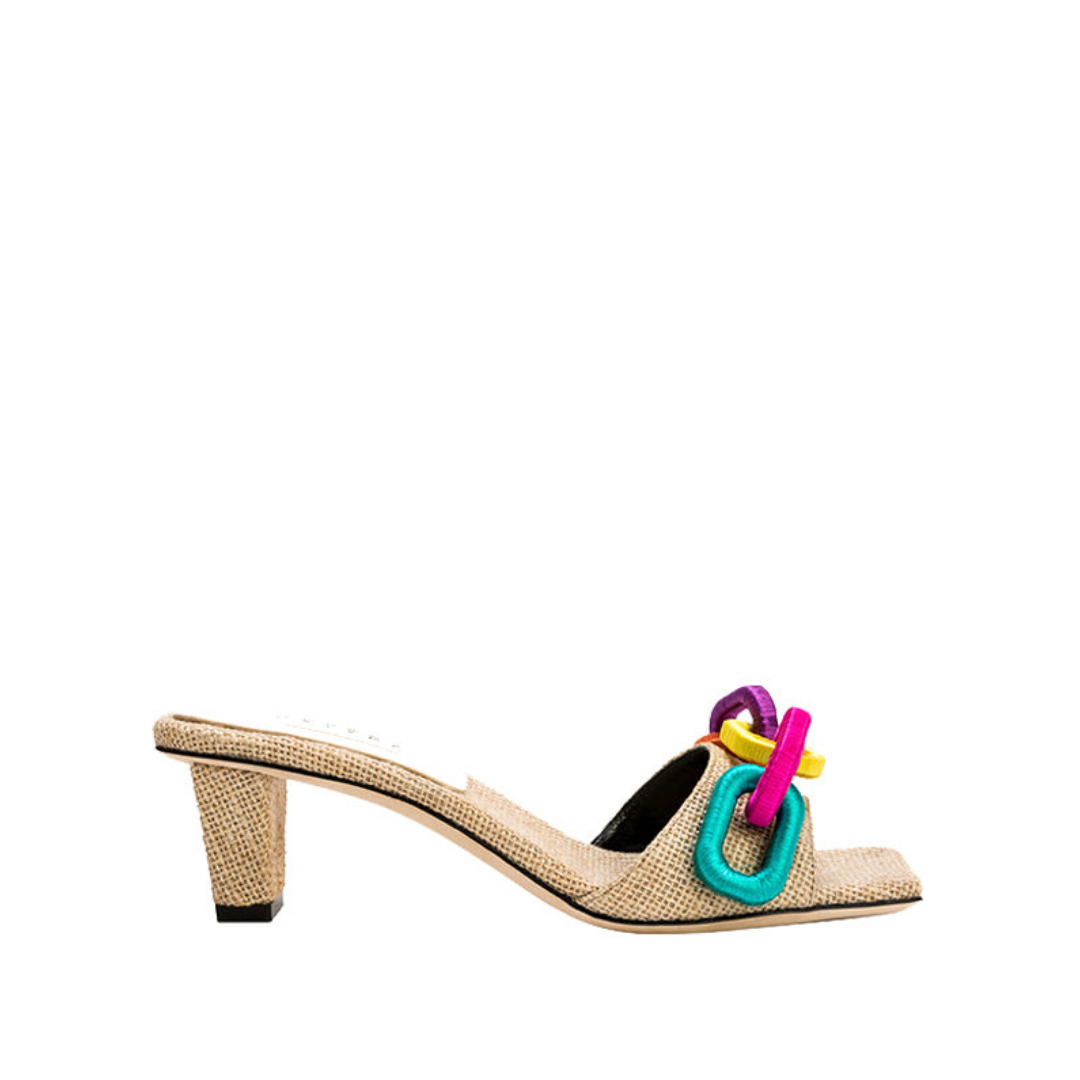 Catena Natural Mid-Heel Sandal in beige linen with colorful chain link design on toe strap.