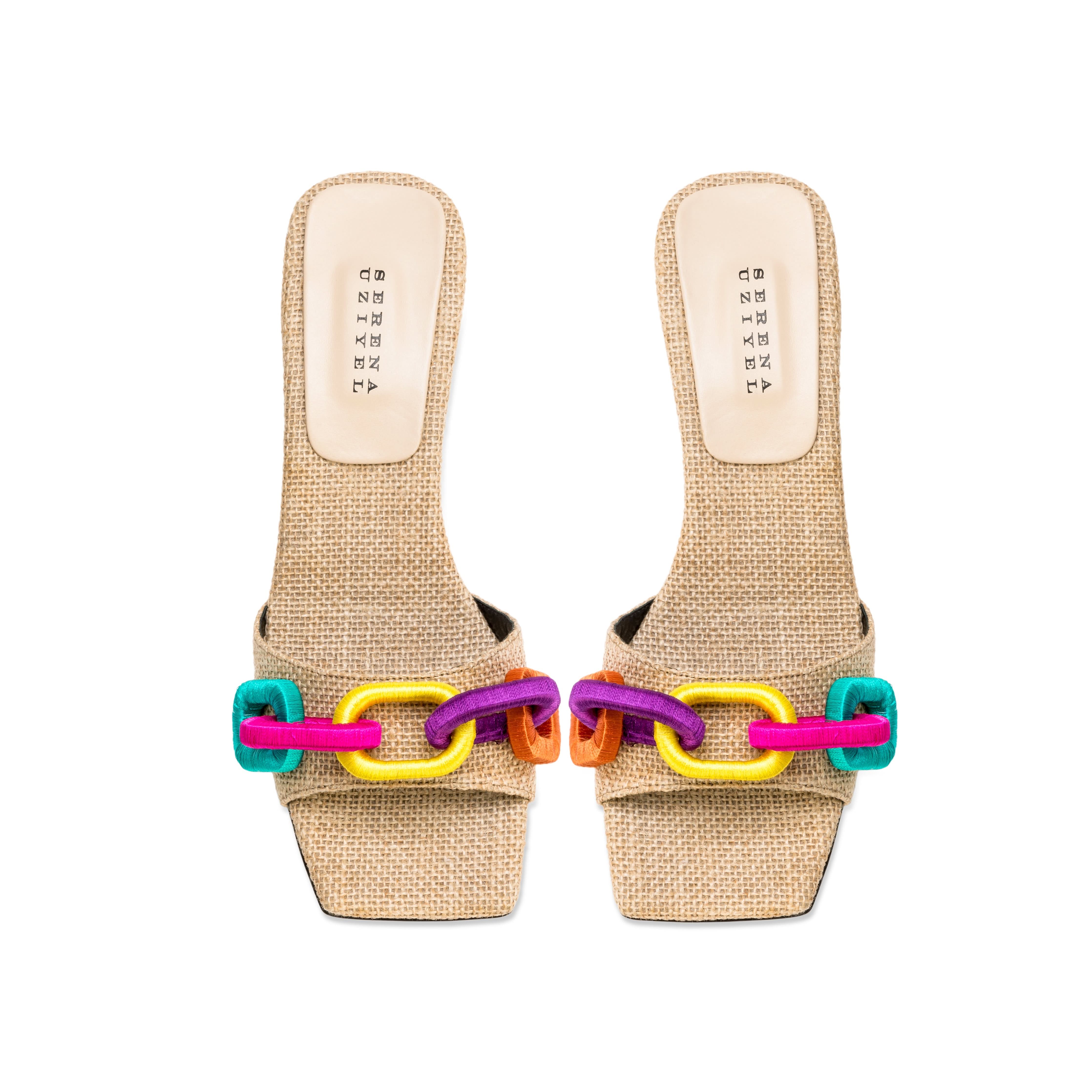 Catena Natural & Rainbow Mid-Heel Sandal featuring a chic chain link design and fine linen upper.