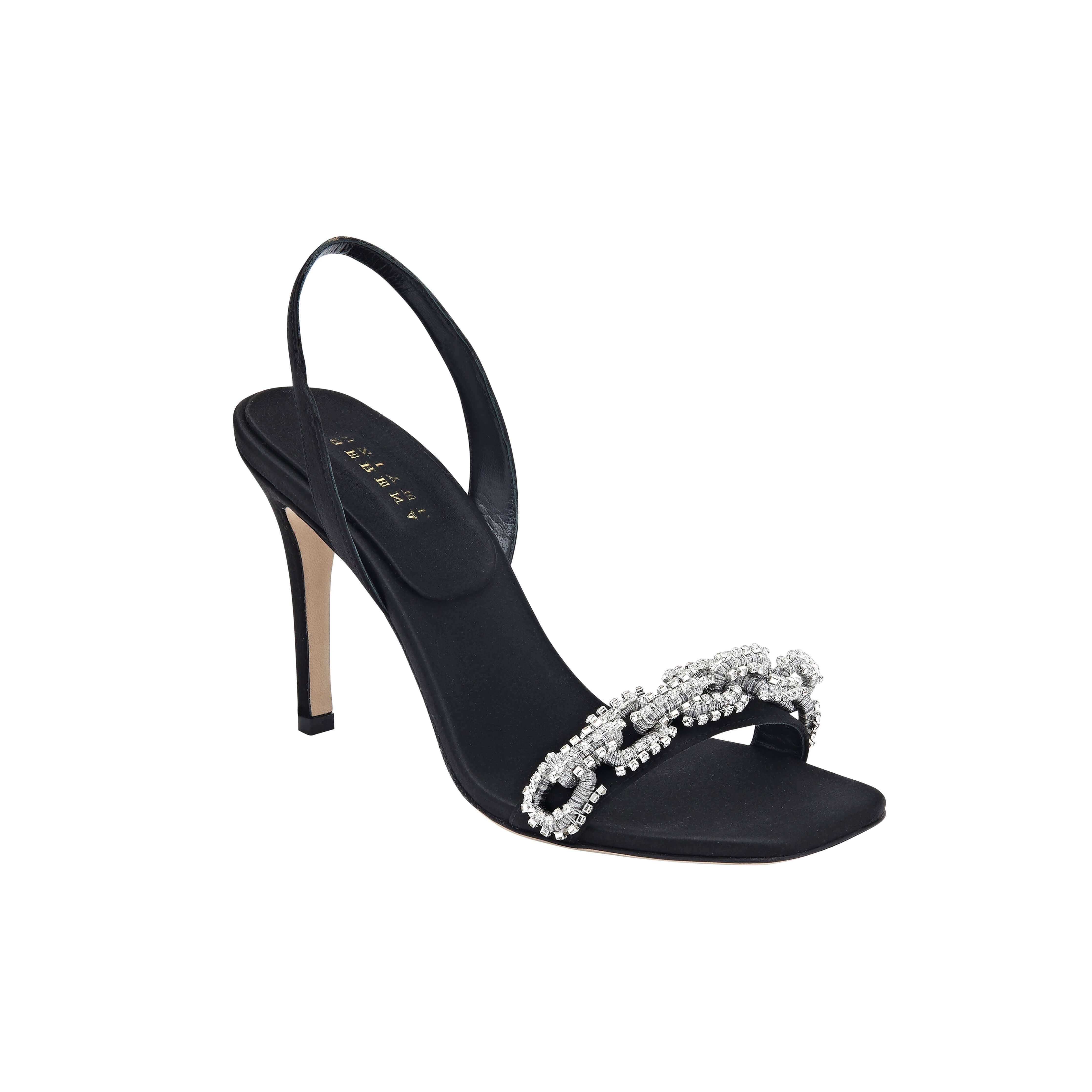 Elegant Catena Notte Black & Glam high-heel slingback sandal with jewel-like chain link detail.