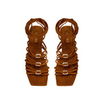 Catena Notte Camello flat lace-up sandal with suede straps and metallic details, perfect for summer adventures.