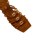 Top view of Catena Notte Camello flat lace-up sandal featuring soft suede straps and silver chains.