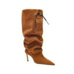 Catena Notte Camello high-heel knee boot in soft camel suede with slouchy ruched design and pointed toe.