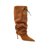 Catena Notte Camello high-heel knee boot in soft camel suede with slouchy ruched design and pointed toe.