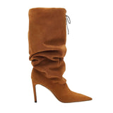 Catena Notte high-heel knee boot in camel suede, featuring a slouchy design and pointed toe, ideal for cold weather fashion.