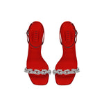 Catena Notte Scarlet high-heel ankle cross sandals with jewel-like chain link embroidery.