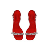 Catena Notte Scarlet high-heel ankle cross sandals with jewel-like chain link embroidery.