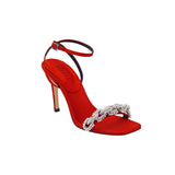 Catena Notte Scarlet & Glam high-heel ankle cross sandal in red silk satin with jewel-catena chain detail.