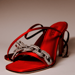 Catena Notte Scarlet & Glam high-heel ankle cross sandals in red silk satin with jeweled chain link detail.