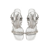 Stylish Catena Notte silver high-heel sandals with handwoven ankle strap and 90mm heel for elegant occasions.