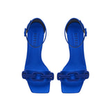 Top view of Catena Sapphire High-Heel Ankle Sandal in lustrous blue satin with sculptural chain link embellishments.