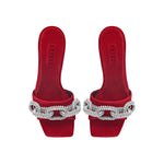 Catena Scarlet & Glam High-Heel Sandals in luxurious scarlet velvet with sparkling crystal strap, featuring elegant 90mm stiletto heels.