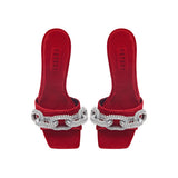 Catena Scarlet & Glam High-Heel Sandals in luxurious scarlet velvet with sparkling crystal strap, featuring elegant 90mm stiletto heels.