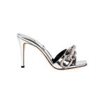 Catena Silver High-Heel Sandal featuring handcrafted mirror leather and metallic chain embroidery detail.