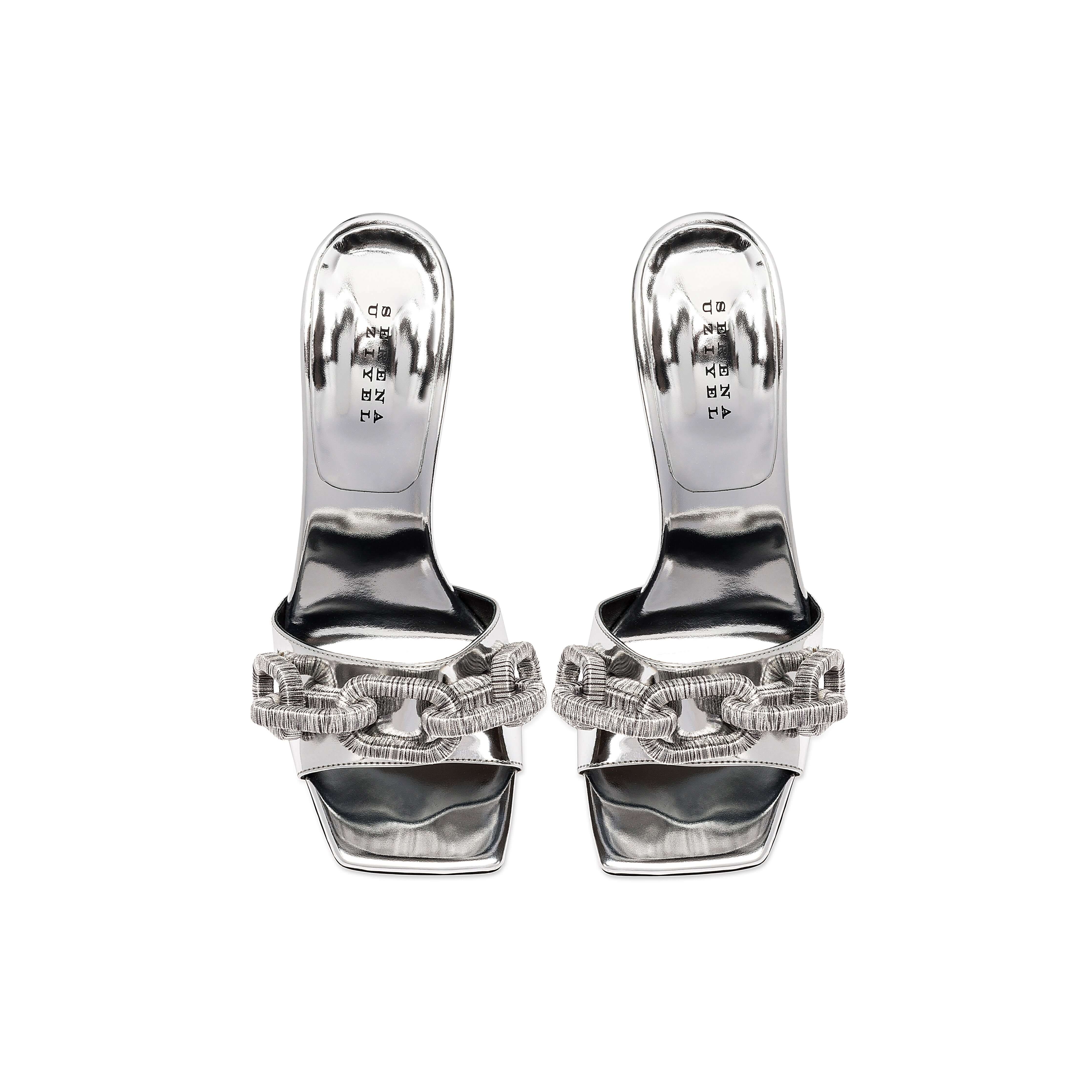 Catena Silver High-Heel Sandal featuring metallic chain embroidery and a stylish 90mm heel, handcrafted in Italy.