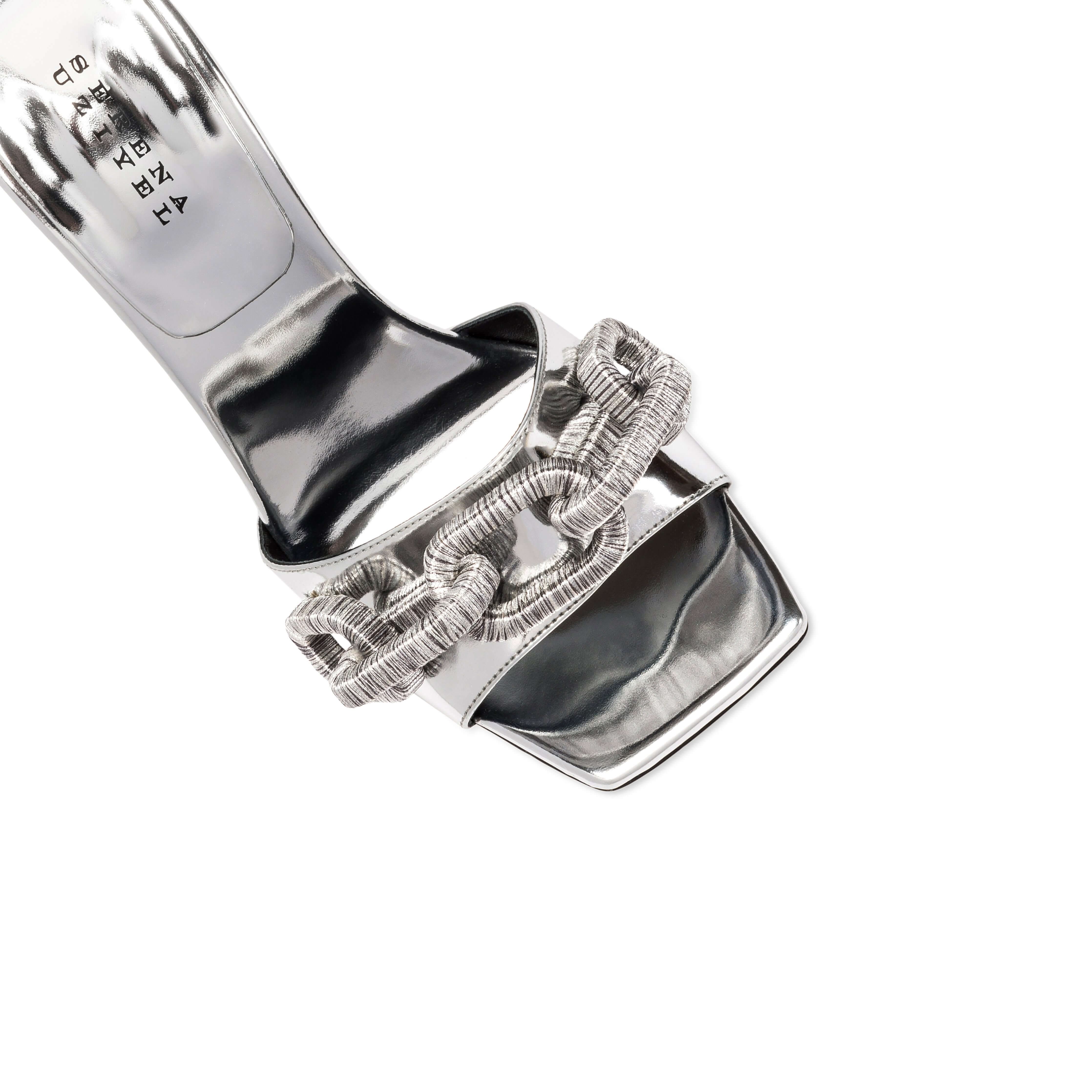 Catena Silver High-Heel Sandal featuring mirror leather and metallic chain embroidery, showcasing elegant craftsmanship.