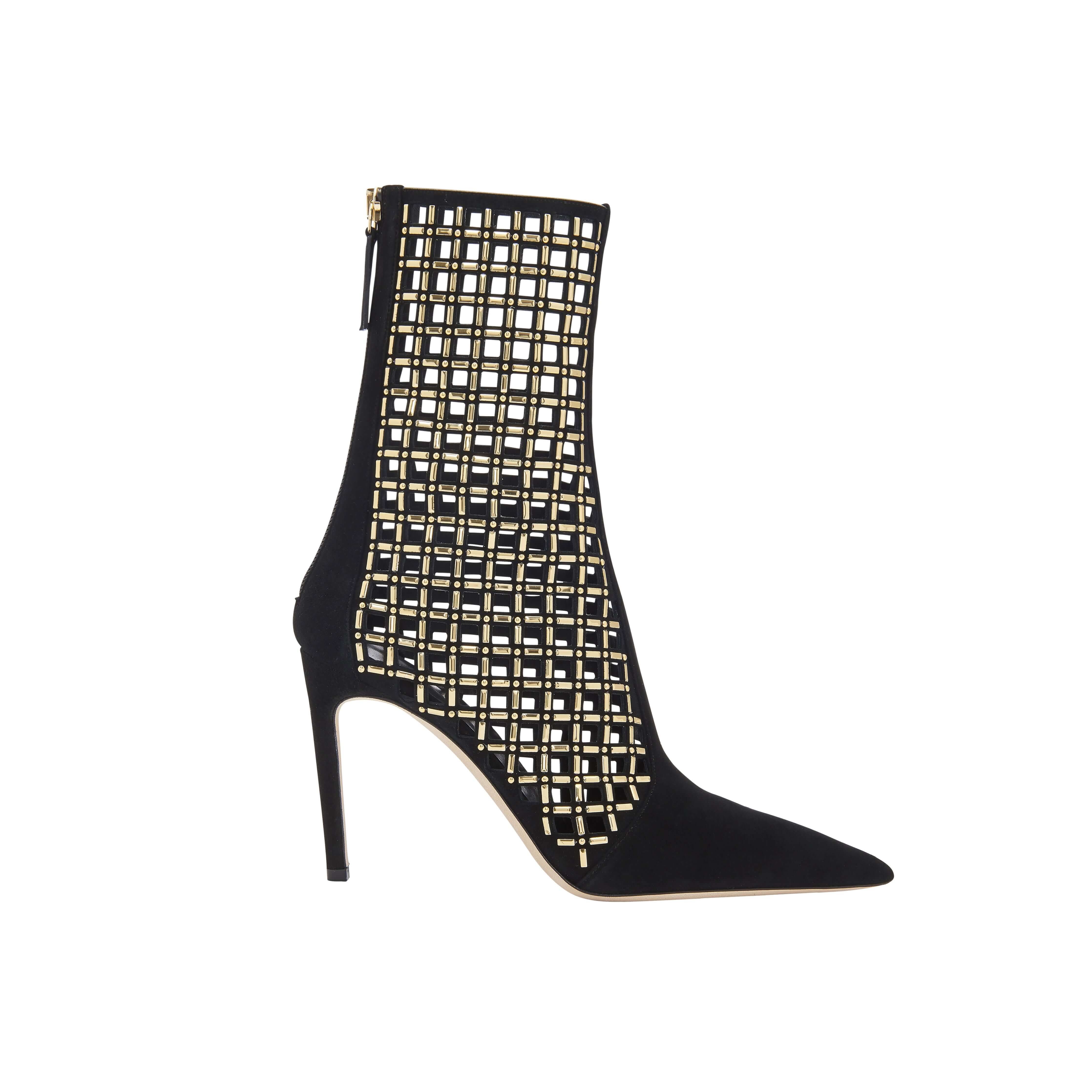 Elora Black High-Heel Ankle Boot featuring chic metallic detailing on suede caging, perfect blend of style and comfort.