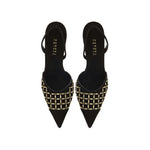 Elora Black High-Heel Slingback Pump featuring chic metallic detailing and a classic silhouette for day and evening wear.