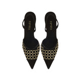 Elora Black High-Heel Slingback Pump featuring chic metallic detailing and a classic silhouette for day and evening wear.