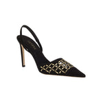 Elora Black High-Heel Slingback Pump featuring metallic detailing and suede caging, perfect for day or evening wear.