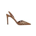 Elora Camello high-heel slingback pump in brown suede with metallic detailing and pointed toe, perfect for day and evening wear.