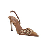 Elora Camello High-Heel Slingback Pump with suede caging and metallic detailing, perfect for day or evening wear.