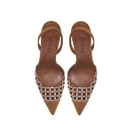 Elora Camello High-Heel Slingback Pump featuring a chic suede design and metallic detailing for sophisticated style.