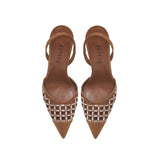 Elora Camello High-Heel Slingback Pump featuring a chic suede design and metallic detailing for sophisticated style.