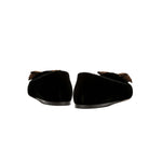 Fiocco Black Velvet Flat Moccasins featuring antique gold embroidered bow, showcasing luxurious craftsmanship and chic design.