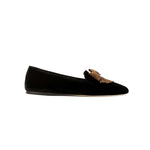 Fiocco black velvet flat moccasin with antique gold embroidery bow, handcrafted for comfort and style.