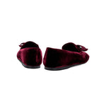 Back view of Fiocco Burgundy Flat Moccasins with velvet finish and embroidered bow, showcasing chic autumn style.
