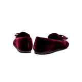 Back view of Fiocco Burgundy Flat Moccasins with velvet finish and embroidered bow, showcasing chic autumn style.