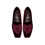 Fiocco burgundy flat moccasin with metallic embroidered bow, handcrafted for comfort and chic fall style.
