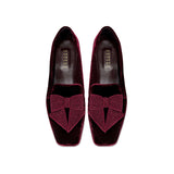Fiocco burgundy flat moccasin with metallic embroidered bow, handcrafted for comfort and chic fall style.