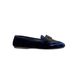 Fiocco navy flat moccasin in velvet, featuring black embroidered bow for a chic fall accessory.