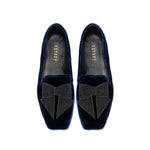 Fiocco Navy Flat Moccasin featuring elegant black embroidered bow on luxurious navy velvet, perfect for chic fall style.