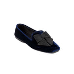 Fiocco Navy Flat Moccasin in velvet with a black embroidered bow, stylish and comfortable footwear for fall.