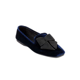 Fiocco Navy Flat Moccasin in velvet with a black embroidered bow, stylish and comfortable footwear for fall.