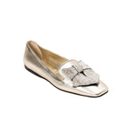 Fiocco Sahara Flat Moccasin in metallic leather with bow and embroidered detailing, perfect chic accessory for Fall.