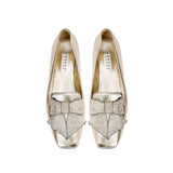 Fiocco Sahara Flat Moccasin featuring metallic leather and embroidered bow, a chic accessory for Fall.