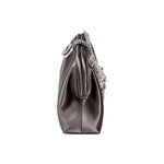 Side view of the Fiora Electrum Pouch Bag, showcasing its elegant silver flower embellishment on a satin finish.