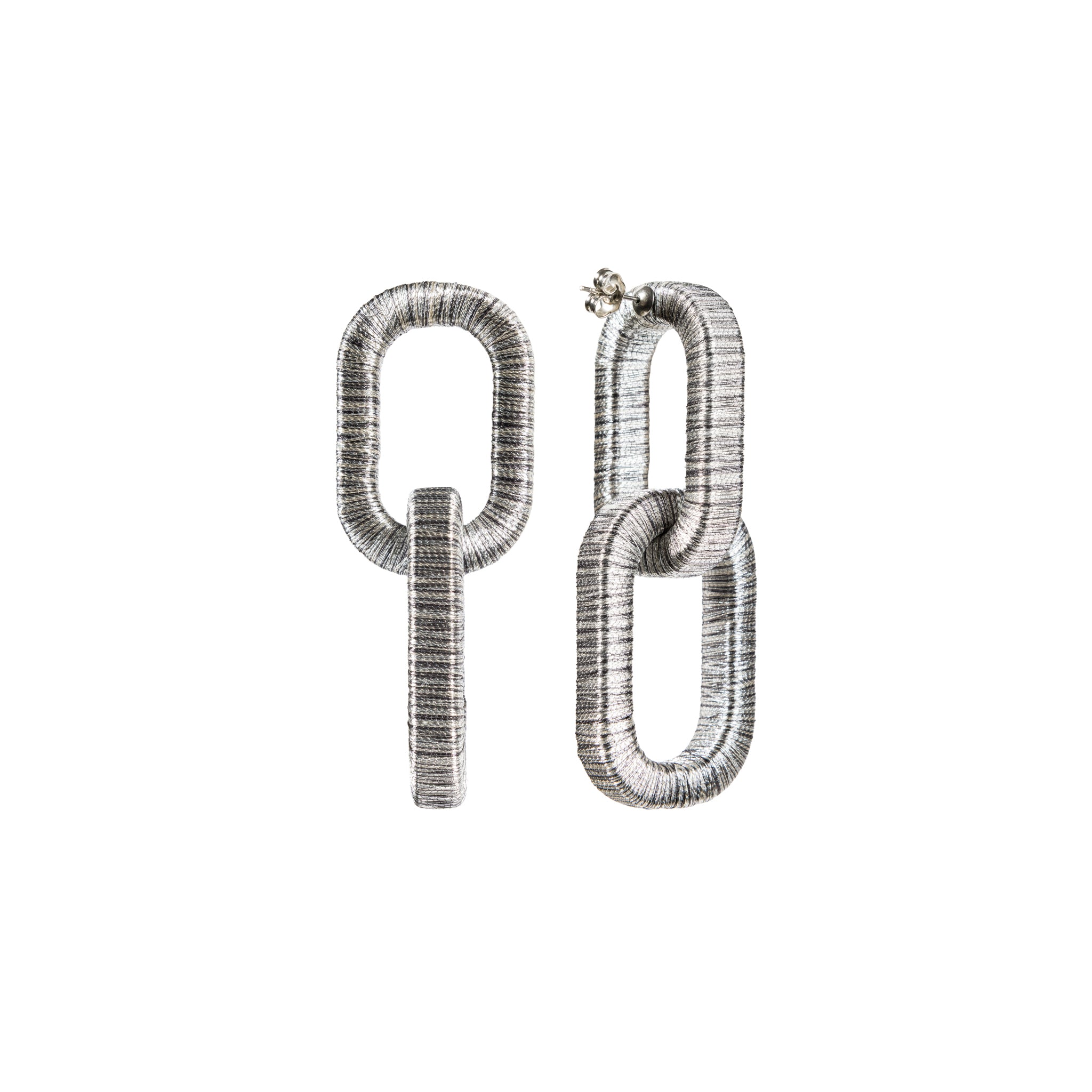 Catena Two Chain Antique Silver Earring designed with metallic threads and intricate hand-wrapping technique.