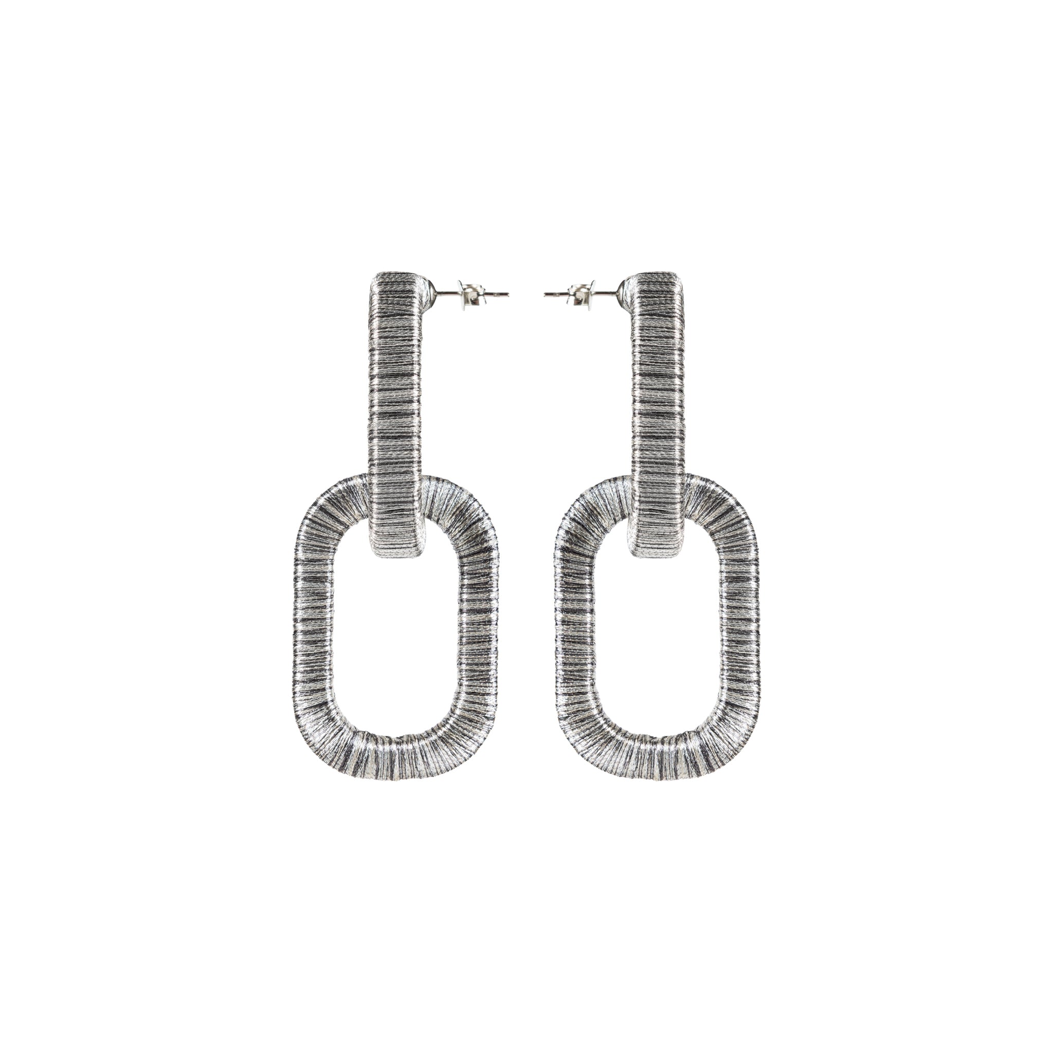 Catena Two Chain Antique Silver Earring showcasing intricate hand-wrapping technique and refined silhouette.
