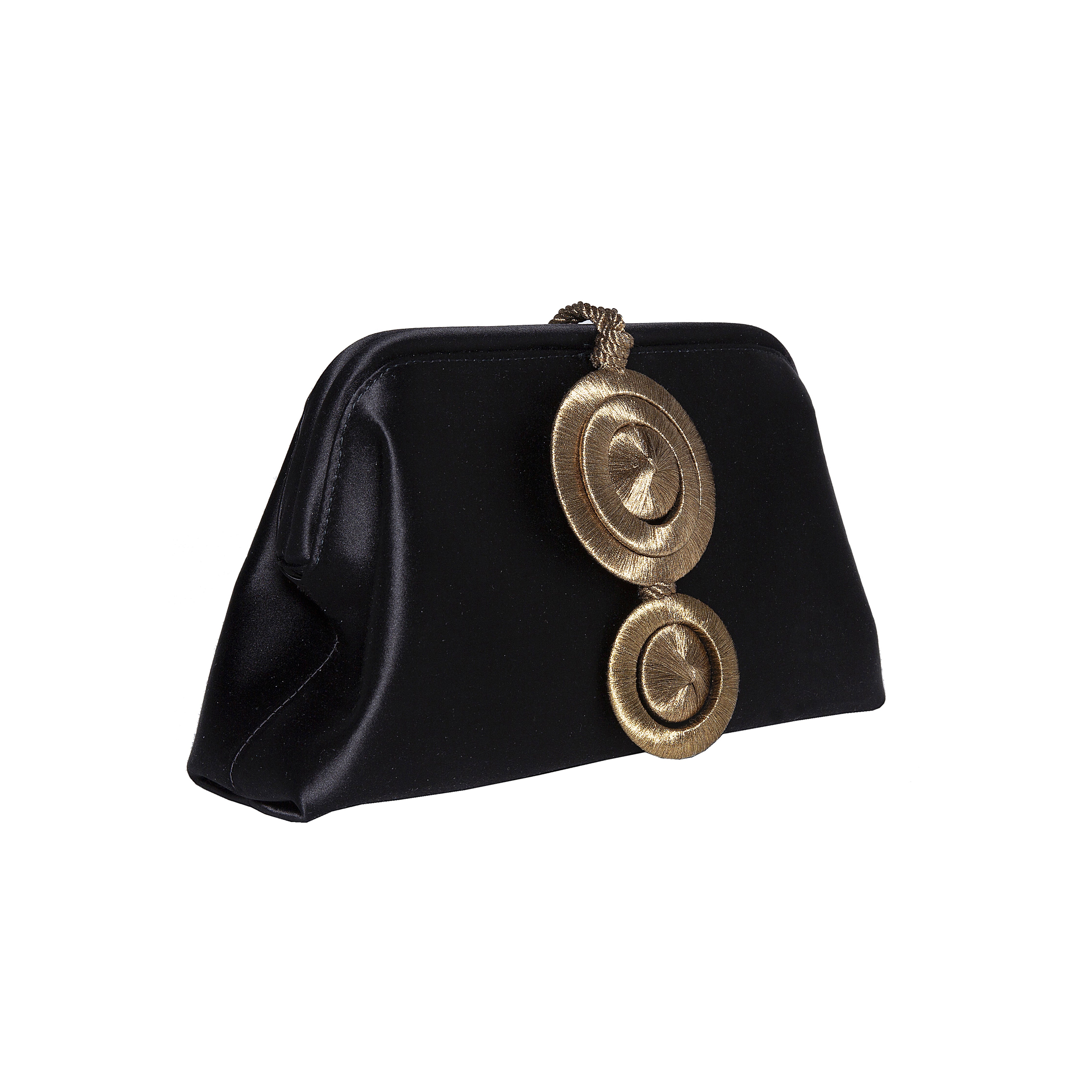 Lia Black Pouch Bag crafted from black silk with gold circular embellishments, perfect for autumn outfits.