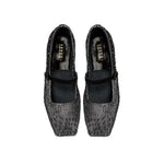 Lumina Crystal Black Flat Ballerina shoes, elegantly square-toed, adorned with crystals and a stylish strap, handcrafted in Italy.