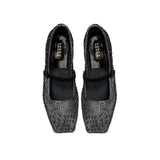 Lumina Crystal Black Flat Ballerina shoes, elegantly square-toed, adorned with crystals and a stylish strap, handcrafted in Italy.
