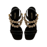 Lyra Black High-Heel Sandals in Italian velvet with golden handwoven embellishments and 90mm stiletto heels.