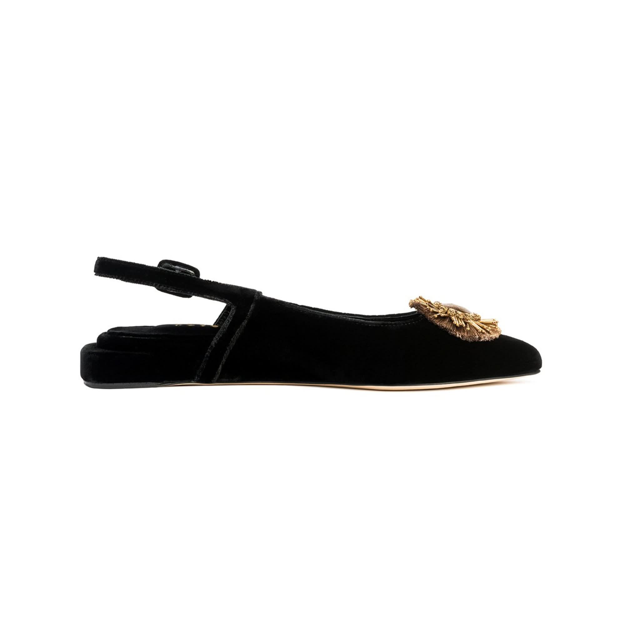 Manorola black flat slingback ballerina moccasins featuring an elegant gold embellishment for stylish comfort.