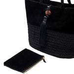 Melita Black Large Tote Bag with crochet detailing and tassel, accompanied by a sleek black pouch.
